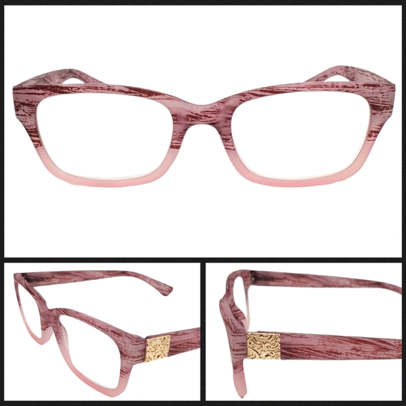 Pink +2.75 Power Rectangle Wood Look Readers, Pink Statement Reading Glasses - Picture 2 of 5